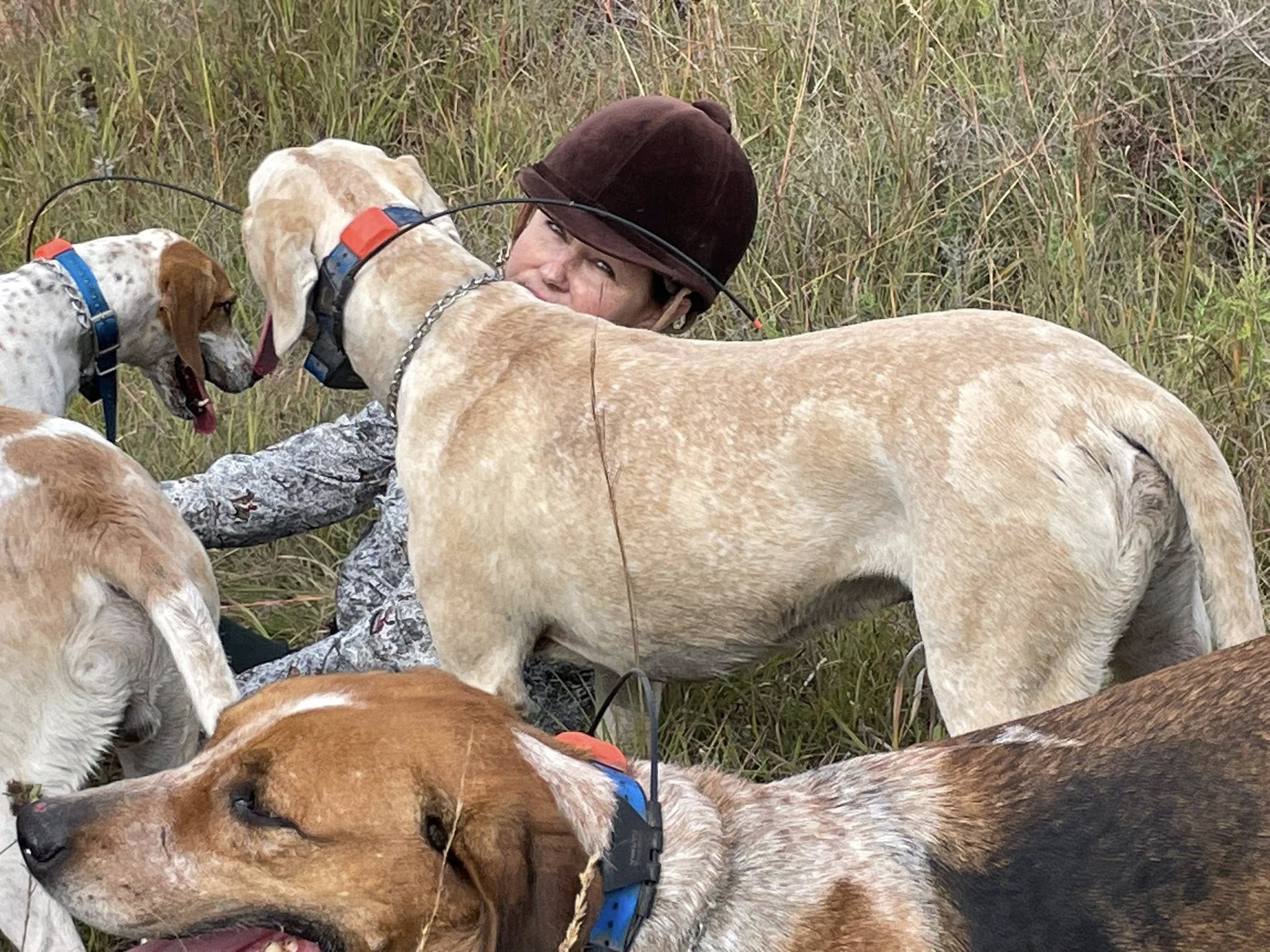 T on ground w hounds Teresa amidst foxhounds.